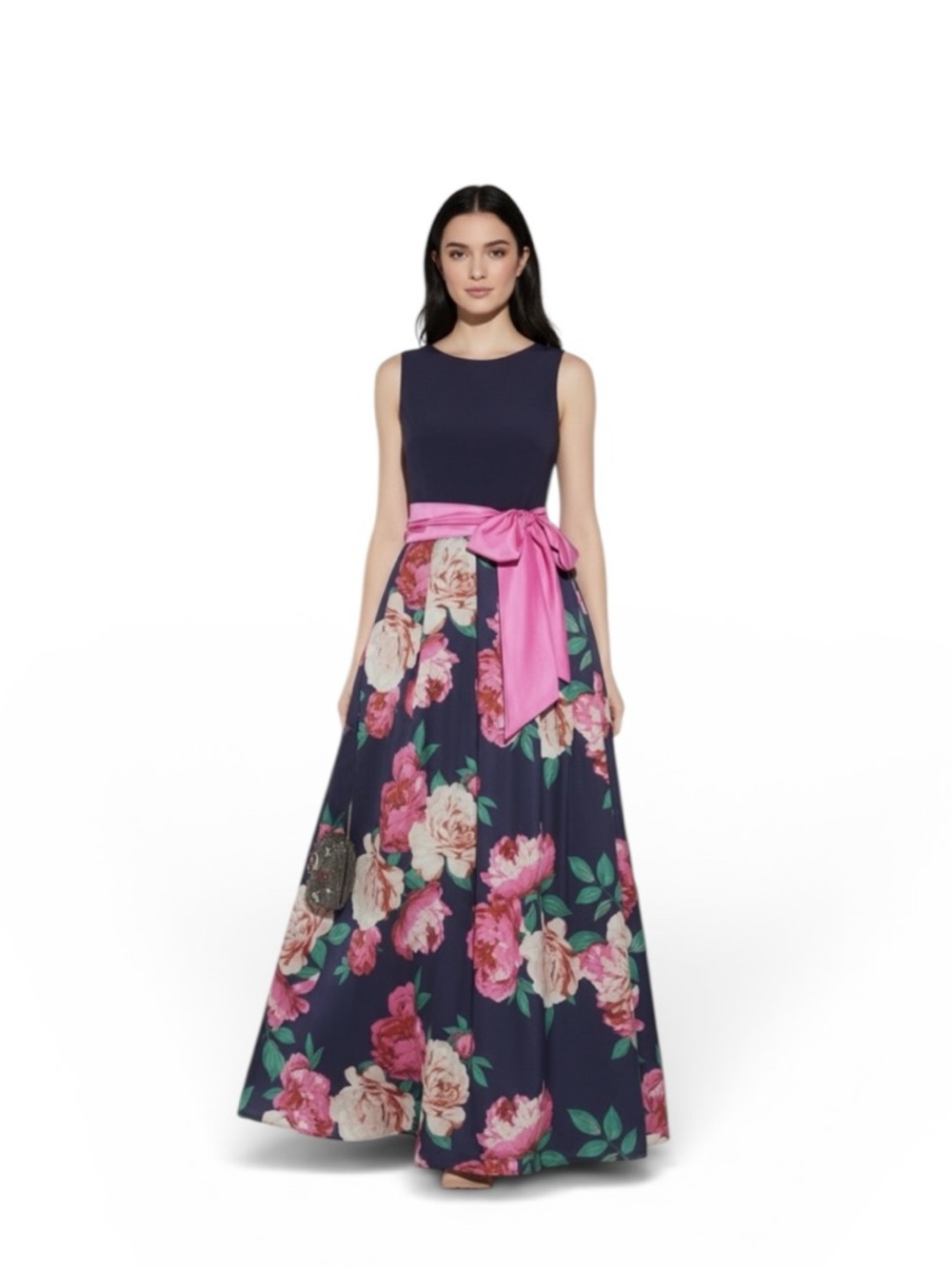 Eliza J Floral Ball Gown Navy Pink Satin Sash Maxi Dress Prom Wedding Guest NEW